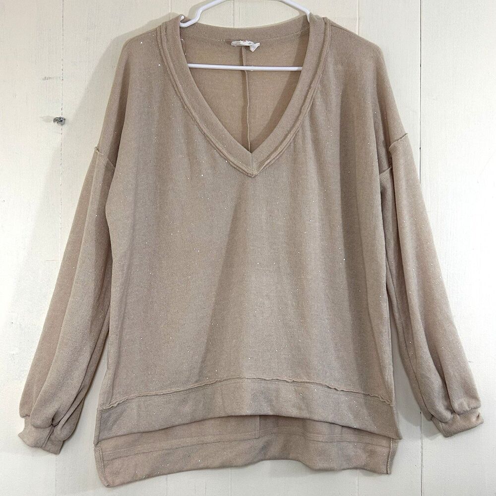 Fantastic Fawn women’s pullover v neck sweater size S Glitter Tan Sweatshirt